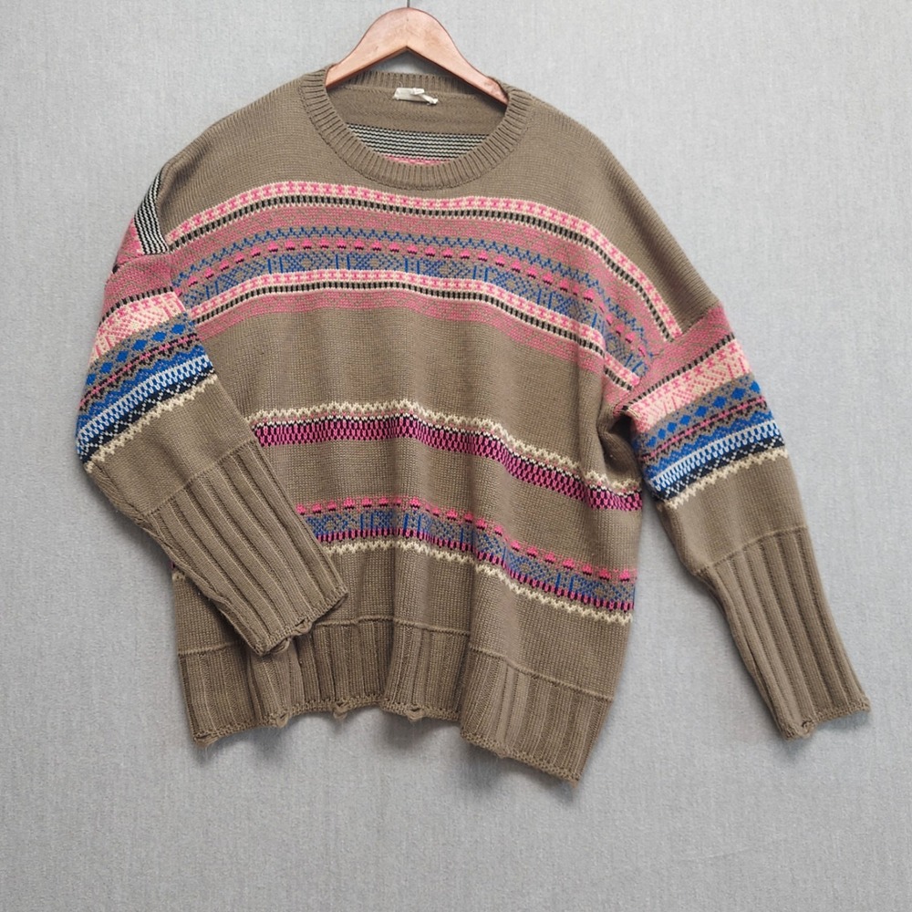 Easel‎ Knit Sweater Womens 1X Plus Taupe Multi Stripe Relaxed Boho Cozy Pullover